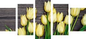 Εικόνα 5 μερών με γοητευτικές κίτρινες τουλίπες σε ξύλινο φόντο - 200x100