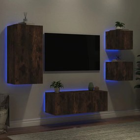 vidaXL Έπιπλα Τοίχου Τηλεόρασης 5 τεμ LED Καπνιστή Δρυς από Επεξ. Ξύλο