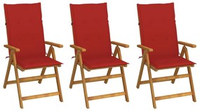 Καρέκλες Κήπου Πτυσσόμενες 3 τεμ. από Ξύλο Ακακίας με Μαξιλάρια - Κόκκινο