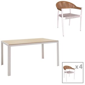 Τραπεζαρία Nares-Elation σετ 5τεμ λευκό αλουμίνιο και plywood σε φυσική απόχρωση 140x80x72.5εκ 140x80x72.5 εκ.