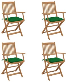 Καρέκλες Κήπου Πτυσσόμενες 4 τεμ Μασίφ Ξύλο Ακακίας &amp; Μαξιλάρια - Πράσινο