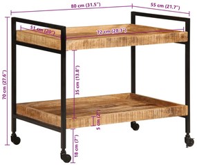 Τρόλεϊ Κουζίνας 80 x 55 x 70 εκ. Μασίφ Ακατέργαστο Ξύλο Μάνγκο - Καφέ