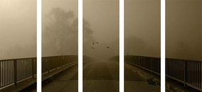Πέταγμα πουλιών πάνω από τη γέφυρα 5 τμημάτων εικόνας σε σχέδιο σέπια - 100x50