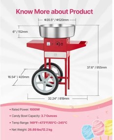 VEVOR Commercial Cotton Candy Machine with Cart Sugar Floss Maker 1000W Red