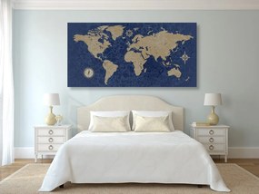 Εικόνα στον παγκόσμιο χάρτη φελλού με πυξίδα σε ρετρό στυλ σε μπλε φόντο - 100x50  color mix