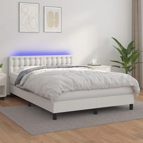 Κρεβάτι Boxspring με Στρώμα & LED Λευκό 140x190 εκ. Συνθ. Δέρμα