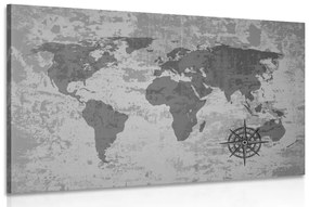 Εικόνα ενός παλιού παγκόσμιου χάρτη με πυξίδα σε ασπρόμαυρο - 60x40