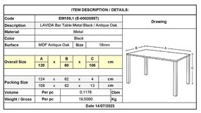 Τραπέζι BAR LAVIDA 120x60 Antique Oak, Μεταλ.Μαύρο