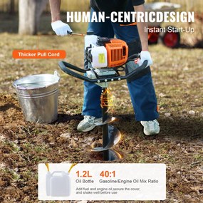 VEVOR Gas Post Hole Digger 63CC 2400W με τρυπάνια 20,3 cm &amp; 1 ράβδο επέκτασης