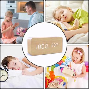 Επιτραπέζιο Ξύλινο Ψηφιακό Ρολόι με οθόνη LED, Ξυπνητήρι, Θερμόμετρο - Μπεζ
