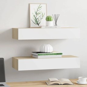 vidaXL Ράφια Τοίχου Συρτάρια 2 τεμ. Δρυς/Λευκό 60x23,5x10 εκ από MDF