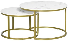 HOMCOM Σετ Τραπεζιών Σαλονιού, 2 Τραπεζάκια Σαλονιού, Ø74 &amp; Ø59 cm, Όψη Μαρμάρου, Σκελετός σε Χρυσό Χρώμα