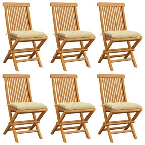 Καρέκλες Κήπου 6 τεμ. Μασίφ Ξύλο Teak με Λευκά/Κρεμ Μαξιλάρια - Κρεμ