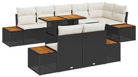 vidaXL 9 Τεμάχια Σαλονάτα Κήπου με Μαξιλάρια σε Μαύρο Πολυ Ράττον
