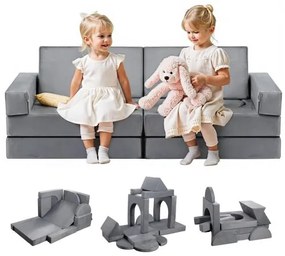 VEVOR Modular Kids Play Couch, Sectional Toddler Sofa with Armrests, 28D Sponge &amp; Short Pile, Convertible Kids Modular Couch DIY Creative Combination for Playroom, Bedroom, Living Room, 14 Pcs, Gray