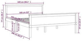 Πλαίσιο Κρεβατιού Καφέ Μελί 160 x 200 εκ. από Μασίφ Ξύλο Πεύκου - Καφέ