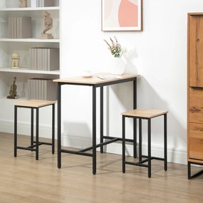 HOMCOM Σετ τραπεζαρίας μπαρ σε βιομηχανικό στυλ, 3 τεμάχια, 1 τραπέζι, 2 σκαμπό, Μαύρο + Φυσικό
