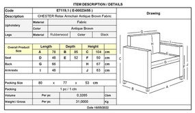 CHESTER Relax Πολυθρόνα Μπερζέρα Σαλονιού, Καθιστικού Απόχρωση Antique Καφέ 78x85x104cm