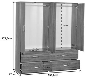Ντουλάπα ρούχων τετράφυλλη Zelia Ι με 4 συρτάρια χρώμα καρυδί 158x42x180εκ 158x42x180 εκ.