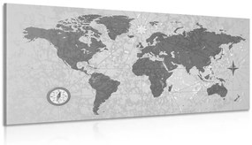 Εικόνα παγκόσμιου χάρτη με πυξίδα σε ρετρό στυλ σε ασπρόμαυρο σχέδιο - 100x50