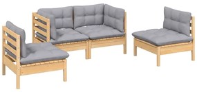 vidaXL Σαλόνι Κήπου Σετ 4 Τεμαχίων Μασίφ Ξύλο Πεύκου με Γκρι Μαξιλάρια