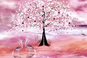 Εικόνα ερωδιών κάτω από ένα μαγικό δέντρο σε ροζ χρώμα