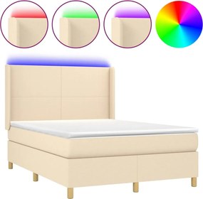vidaXL Κρεβάτι Boxspring με Στρώμα &amp; LED Κρεμ 140x190 εκ. Υφασμάτινο