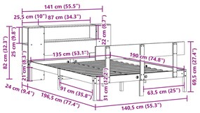 Κρεβάτι Βιβλιοθήκη Χωρίς Στρώμα Λευκό 135x190 εκ Μασίφ Πεύκο - Λευκό