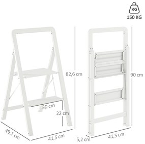 HOMCOM Σκάλα αλουμινίου 2 σκαλοπατιών, αναδιπλούμενη, αντιολισθητική πλατφόρμα, λευκή