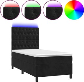 vidaXL Κρεβάτι Boxspring με Στρώμα &amp; LED Μαύρο 90x190 εκ. Βελούδινο