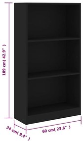 vidaXL Βιβλιοθήκη με 3 Ράφια Μαύρη 60x24x109 εκ. Επεξεργασμένο Ξύλο