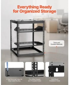 VEVOR 12U Open Frame Network Rack, 585 mm Depth, Wall Mounted or Floor Standing Server Rack, Heavy Duty 4 Post, with Vented Shelves &amp; Mounting Hardware, Holds All Your Networking IT Equipment AV Gear