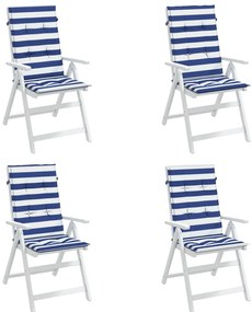 vidaXL Μαξιλάρια Καρέκλας με Ψηλή Πλάτη 4 τεμ. Μπλε/Λευκά Ριγέ Ύφασμα