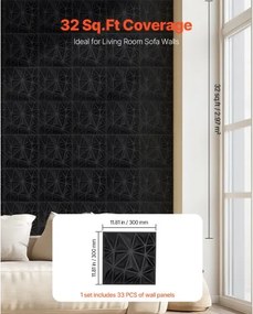 VEVOR 3D Wall Panels 33-Pack 11.81x11.81'' PVC 32 Sq.Ft Coverage Diamond Black