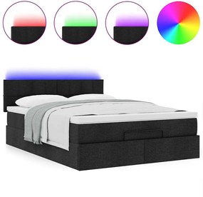 vidaXL Οθωμανικό κρεβάτι με στρώμα &amp; LEDs Μαύρο 140x190 cm Ύφασμα