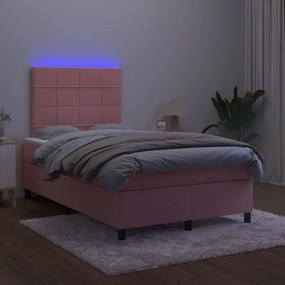 Κρεβάτι Boxspring με Στρώμα &amp; LED Ροζ 120x200 εκ. Βελούδινο - Ροζ