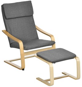 HOMCOM Πολυθρόνα με υποπόδιο, σετ πολυθρόνας, έως 120 kg, όψη λινό, μασίφ ξύλο, Γκρι + Φυσικό, 66,5 x 80 x 99 cm