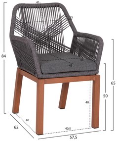 Καρέκλα - Πολυθρόνα HOWARD C5543.11 Αλουμίνιο Καφέ - Σχοινί - Μαξιλάρι Γκρί 57,5x62x84Υ εκ. 4αδα 57.5x62x84 εκ.