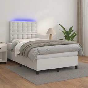 Κρεβάτι Boxspring με Στρώμα &amp; LED Λευκό 120x200 εκ. Συνθ. Δέρμα
