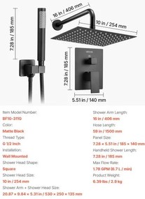 VEVOR Shower Faucet Set 10&quot; Square Rain Shower Head and Hand Set Matte Black