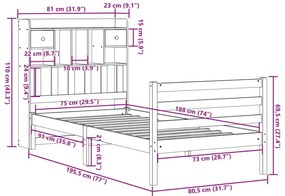 Κρεβάτι Βιβλιοθήκη Χωρίς Στρώμα 75x190 εκ Μασίφ Ξύλο Πεύκου - Καφέ