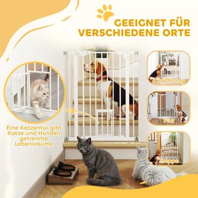 Πόρτα ασφαλείας PawHut με πορτάκι για γάτες, χωρίς τρύπημα, μεταβλητό πλάτος 74-80 cm, άνοιγμα με ένα χέρι, μέταλλο, λευκό