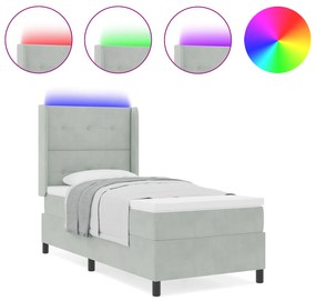 vidaXL Κρεβάτι Box Spring  με Στρώμα & LED Φωτισμό Γκρι 90x200 εκ Βελούδο