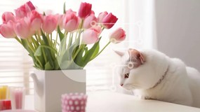 Σετ των 2 Intra Συλλεκτικό Ξύλινο Παζλ Plywood 4mm - Λευκή γάτα με ροζ λουλούδια και κεριά Σε Ξύλινο Κουτί - Διαστάσεις: 10x10 cm – 25 κομμάτια