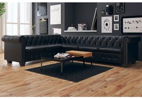 vidaXL Καναπές Γωνιακός Εξαθέσιος Chesterfield Μαύρος Συνθετικό Δέρμα