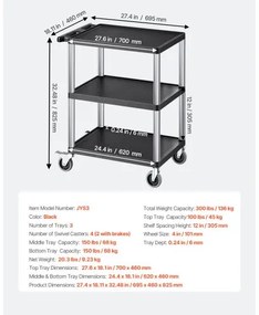 VEVOR 3-shelf Utility Cart 300 lbs 27.6 x 18.1-inch Service Cart with Wheels