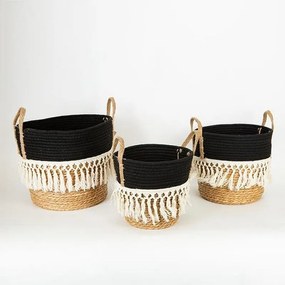 Καλάθια Ψάθινα Με Κρόσσια (Σετ 3τμχ) 25x17x23, 28x22x25, 35x28x30 Natural-Black Estheti Home Mat