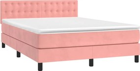 vidaXL Κρεβάτι Boxspring με Στρώμα &amp; LED Ροζ 140x200 εκ. Βελούδινο