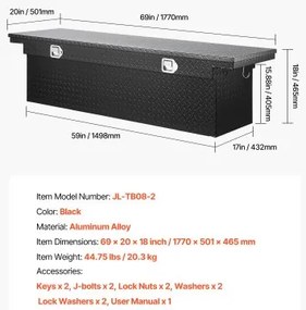VEVOR Crossover Tool Box 69x20x18 In Heavy Duty Aluminum Toolbox for Truck Bed