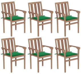 3073411 vidaXL Καρέκλες Κήπου Στοιβαζόμενες 6 τεμ. Μασίφ Ξύλο Teak &amp; Μαξιλάρια Πράσινο, 1 Τεμάχιο
